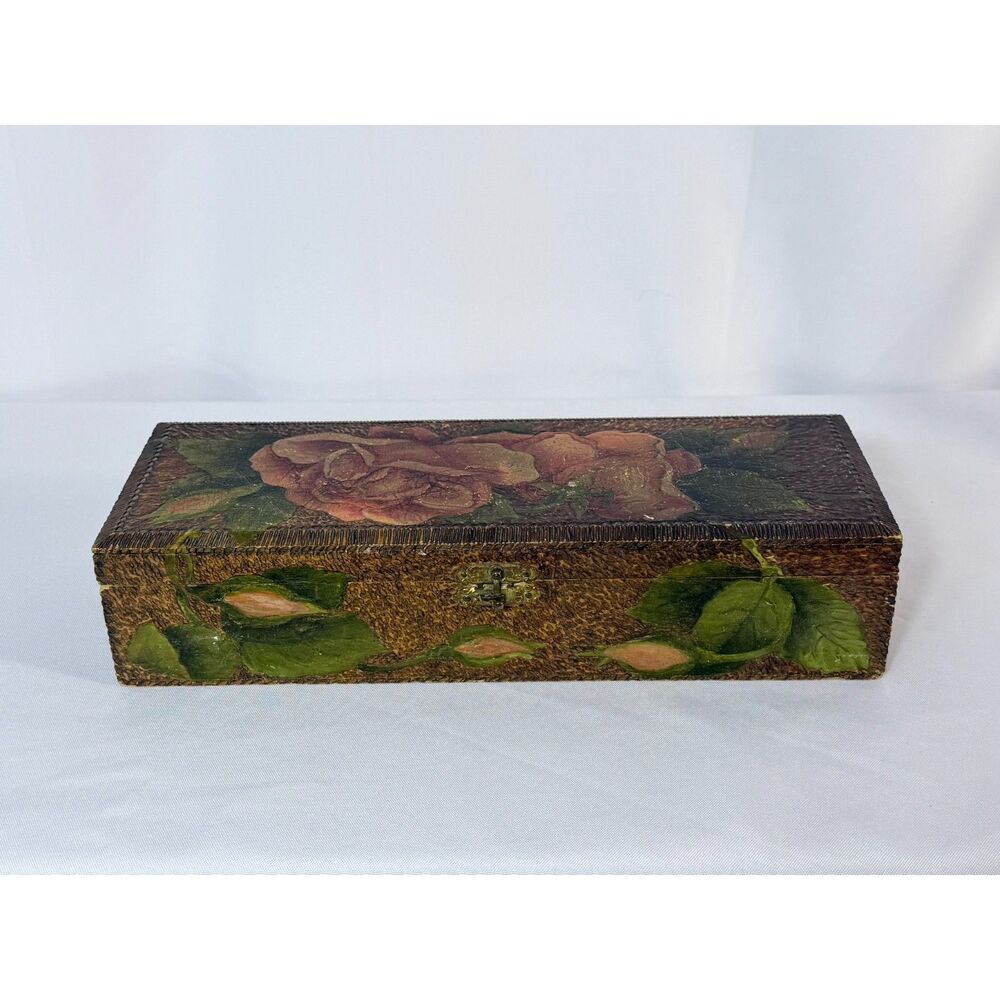 Antique Wooden Glove Box Pyrography Handcrafted Pink Silk Lining Rose Trinket
